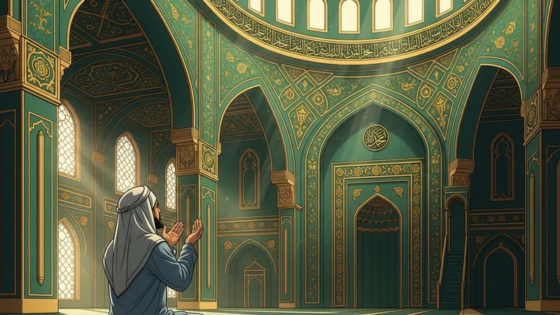 İş duası eden bir Müslüman, ellerini açmış, cami içinde dua ediyor. Yeşil ve altın renk tonları hakim.