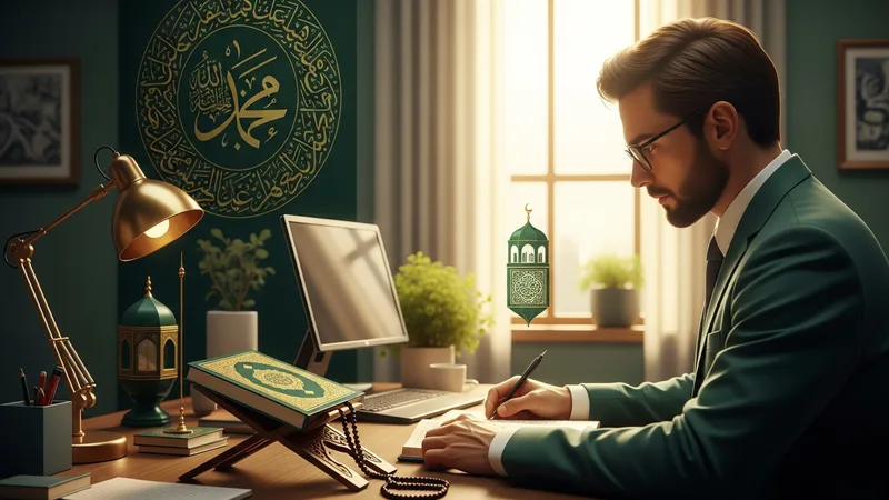 Bir ofis çalışanı bilgisayar başında çalışırken, masasında Kur'an-ı Kerim ve tesbih bulunuyor. İslam sanatından ilham alınmış detaylar.