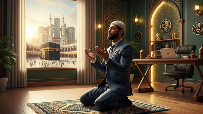 Bir Müslüman iş adamı, ofisinde seccade üzerinde dua ediyor. Mekke silüeti ve altın rengi detaylar kullanılmış.