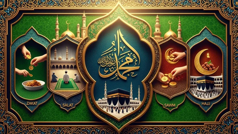 İslam'ın beş şartını ve iman esaslarını temsil eden sembolik bir görsel, Kur'an, tesbih ve minarelerle çevrili.