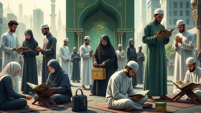 İslam'ın şartlarını ve iman esaslarını uygulayan bir Müslüman'ı modern bir şehir ortamında gösteren bir görsel.
