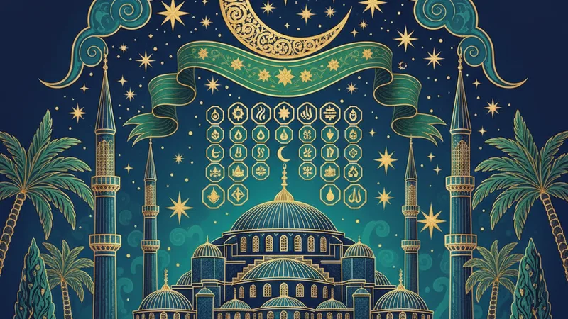 İstanbul'un tarihi camileri ve minareleri ile süslenmiş, üzerinde Ramazan imsakiyesi bulunan bir tablo. İslami sanat tarzında, yeşil ve altın renklerin hakim olduğu bir kompozisyon.