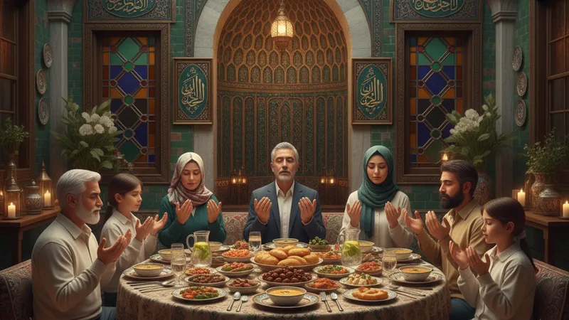 Ramazan ayında iftar sofrası etrafında toplanmış, dua eden bir aile. İslami hat sanatı detayları ve geleneksel Türk motifleriyle süslenmiş bir iç mekan. Sanatsal ve huzurlu bir atmosfer.