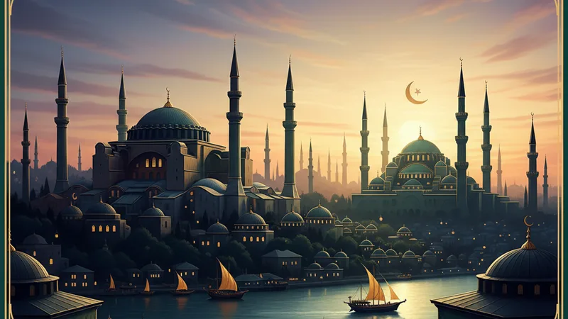 Sultanahmet Camii'nin silüeti ve Ramazan ayında iftar sonrası cami çevresinde toplanmış insanlar. İslami mimari detaylar ve sıcak bir akşam ışığıyla huzurlu bir sahne.