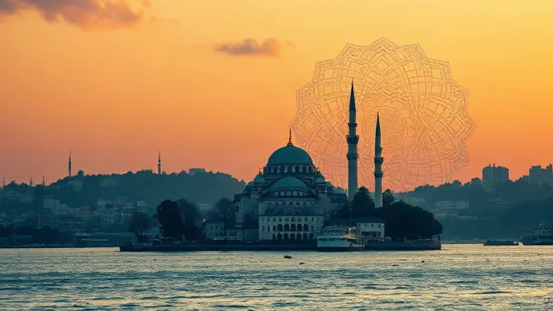 İstanbul namaz vakti akşam Boğaz ve cami manzarası