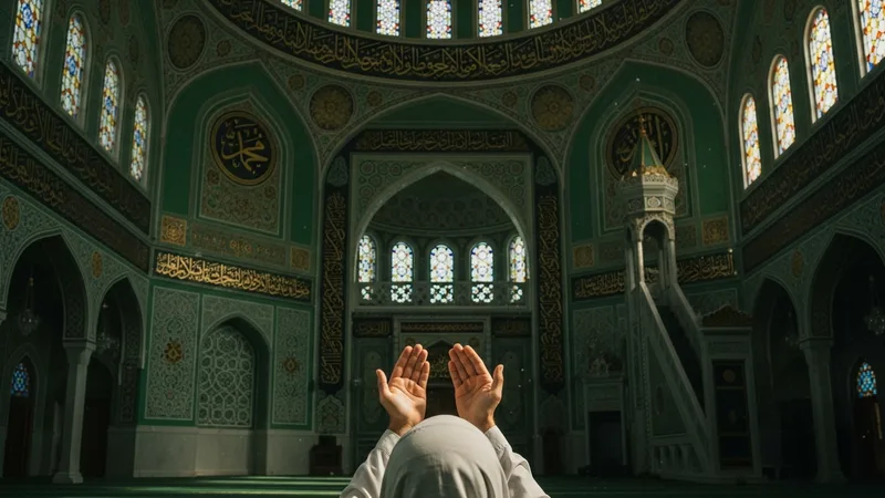 İstihare namazı kılan bir kişinin görseli, elleri açık dua ederken İslam motifleriyle süslenmiş bir arka plan