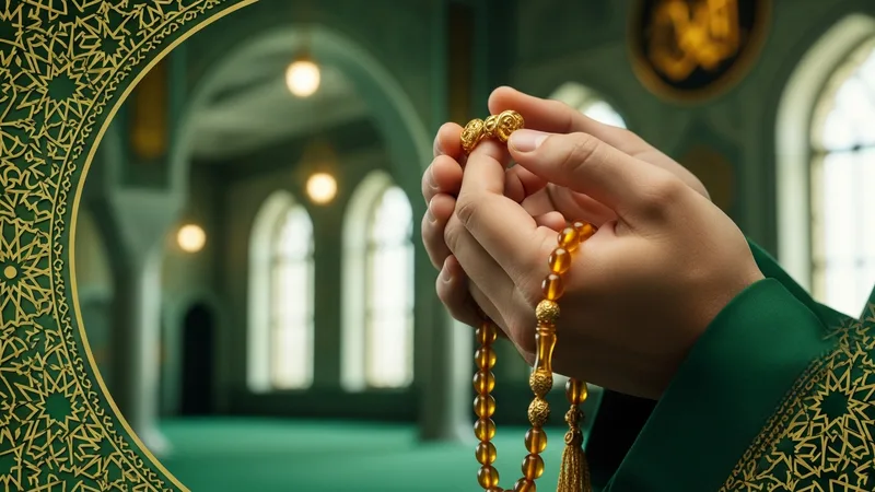 İstihare namazı sonrası dua eden bir kişinin elleri, tesbih taneleri ve loş bir ışık altında huzurlu bir atmosfer