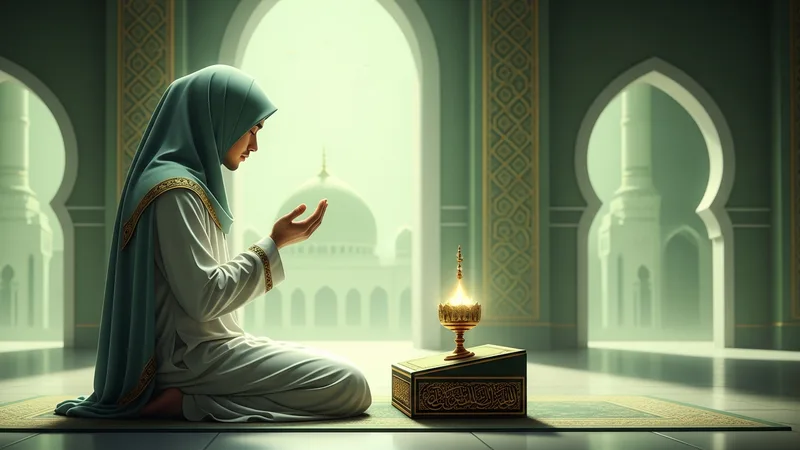 İstihare namazı kılan bir müslüman, huzurlu bir ortamda dua eden bir kadın veya erkek figürü, İslami sanat tarzında, yeşil ve altın tonlarında