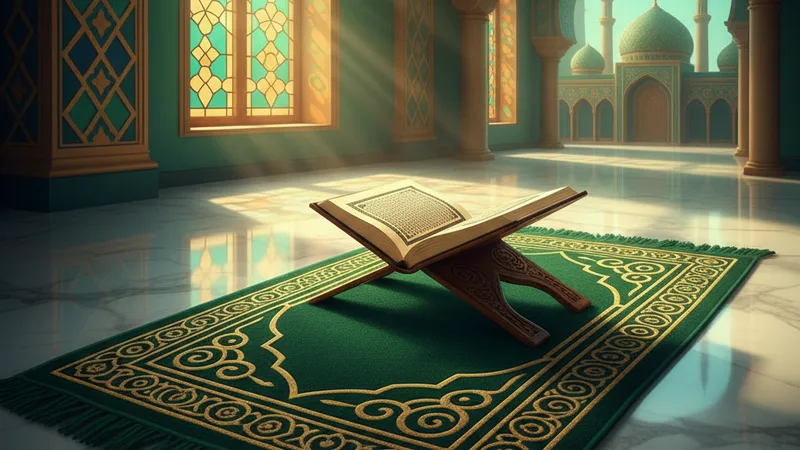 İslami desenlerle süslü bir dua seccadesi üzerinde açık bir Kur'an-ı Kerim, arka planda cami silueti, sakin ve huzurlu bir atmosfer, altın ve mavi tonlarında