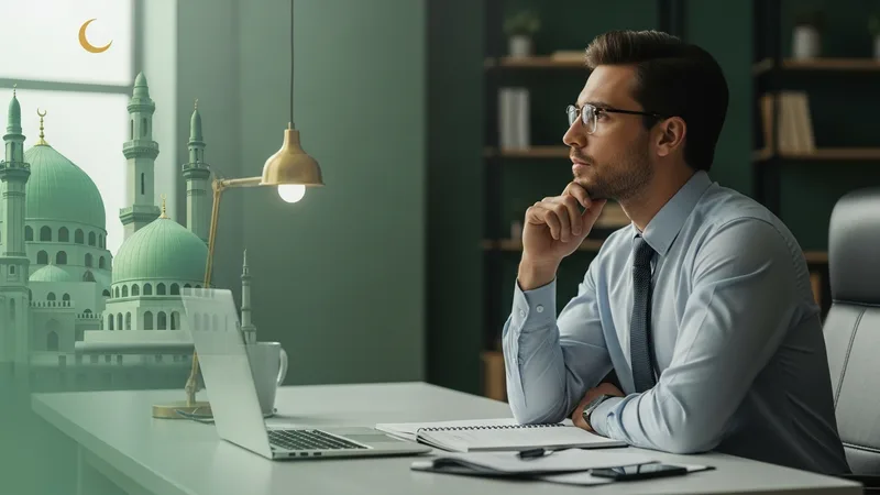 Modern bir ofis ortamında, karar verme anını düşünen bir iş insanı, arkasında İslami mimari detayları olan bir pencere, İslami sanat ve modernizm karışımı, pastel ve metalik renklerde