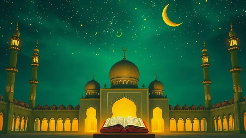 Kadir Gecesi bin aydan hayırlı gece cami ve Kur'an temalı illüstrasyon