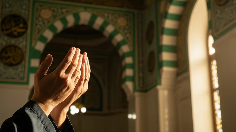 Kadir Gecesi'nde dua eden eller, İslam motifleriyle süslenmiş bir cami içinde