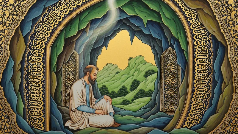 Hira Mağarası'nda tefekkür eden bir Müslüman, İslam minyatür sanatıyla tasvir edilmiş