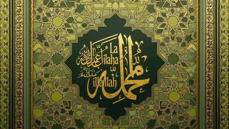 Yeşil ve altın renklerinde geometrik İslam sanatı deseni