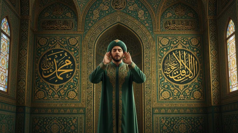 İslam sanat stilinde, kamet getiren bir müezzinin cami içinde tasviri