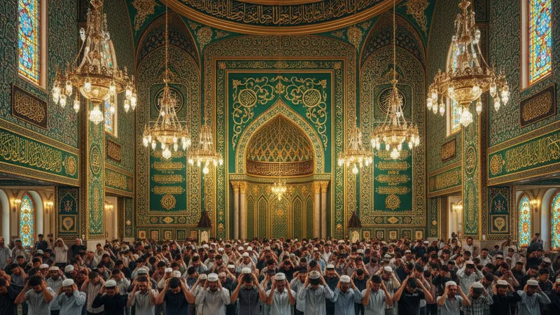 İslami motiflerle süslenmiş bir cami mihrabında namaz kılan cemaat ve kamet getiren müezzin