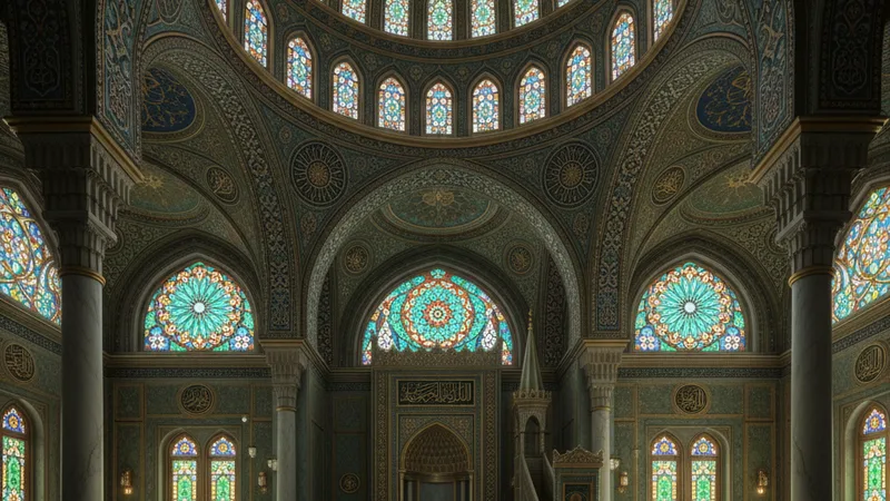 Yeşil ve altın tonlarında İslami sanatla bezenmiş bir cami iç görünümü, huzur veren bir atmosfer
