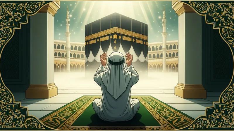 Namaz kılan bir Müslüman, kaza namazı için dua ediyor. Islamic art style.