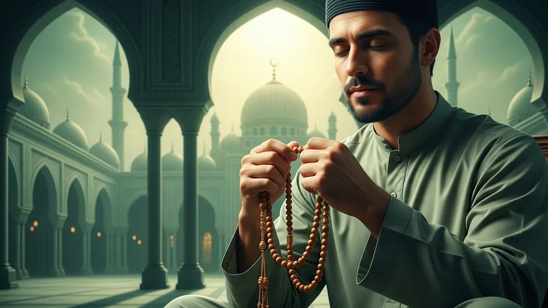 Kaza namazı kılarken ellerini açmış bir müslüman. Green and gold theme.