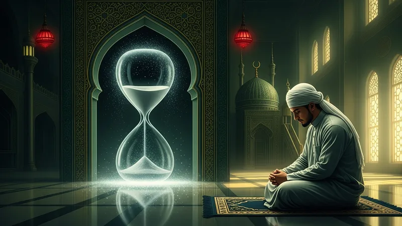 Kaza namazı kılarken tesbih çeken bir müslüman. Islamic art style.