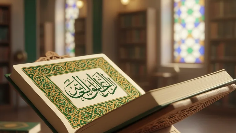 Eski bir İslami kütüphanede, raflarda sıralanmış parşömenler ve el yazmaları arasında, ışığın vurduğu bir hadis kitabını inceleyen bir alimi gösteren sahne. İslami sanat tarzı.