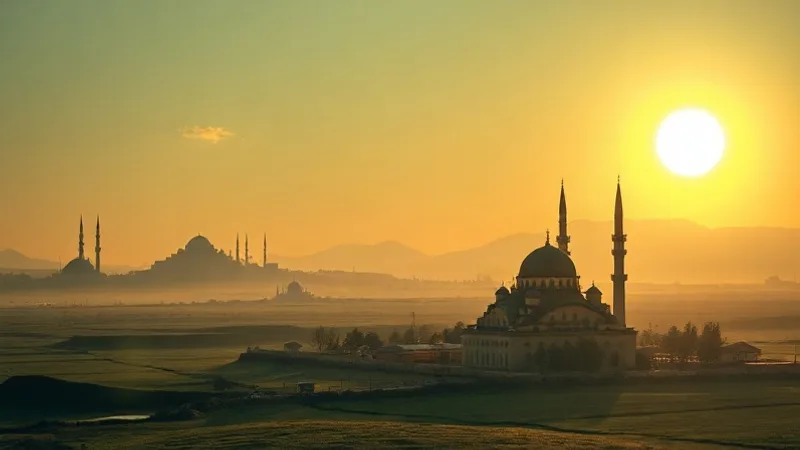 Konya ovasında cami minareleri ve namaz vakitlerini simgeleyen güneş hareketi