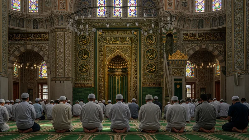 Cami içinde mihrabın önünde diz çökmüş, dua eden bir cemaat