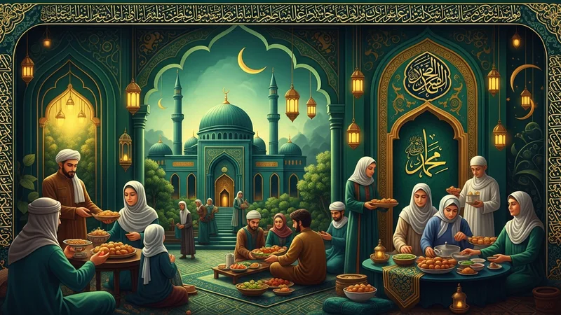 Kurban Bayramı kutlamaları, cami ve ailelerin bir araya geldiği İslami bir sanat eseri, yeşil ve altın renk temasıyla