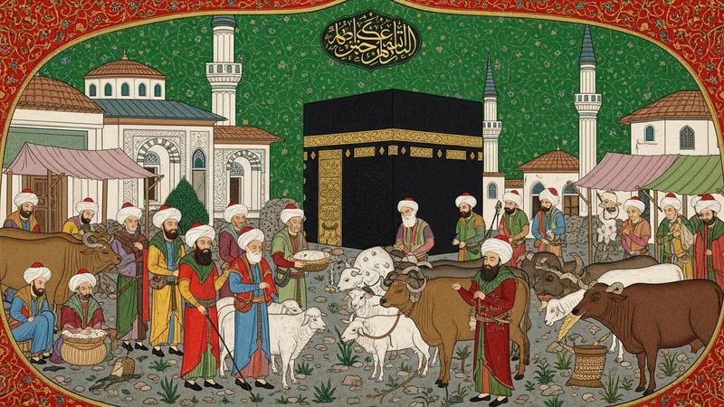 Kurban kesimi için hazırlık yapan Müslümanlar, İslami sanat tarzında, cami minareleri ve kalabalık bir pazar yeri arka planda