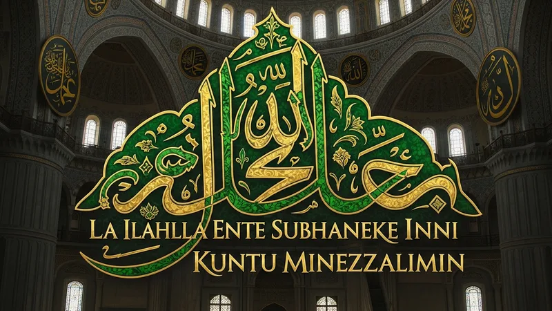 La İlahe İlla Ente Sübhaneke İnnî Küntü Minezzalimin duası yazılı levha, yeşil ve altın renklerde
