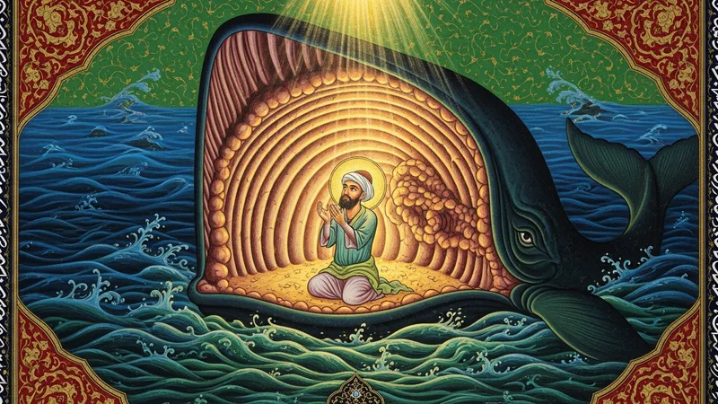 Yunus Peygamber'in balığın karnında dua ederken tasviri, minyatür tarzında