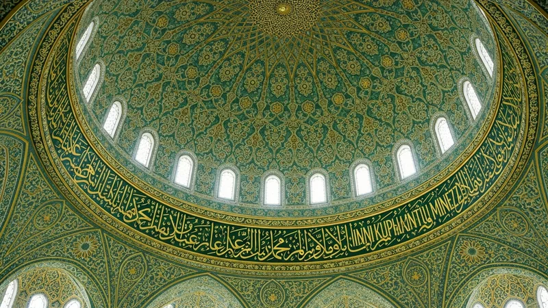 cami kubbesi içinde La İlahe İlla Ente Sübhaneke İnnî Küntü Minezzalimin duası hat yazısı, altın varak detaylı
