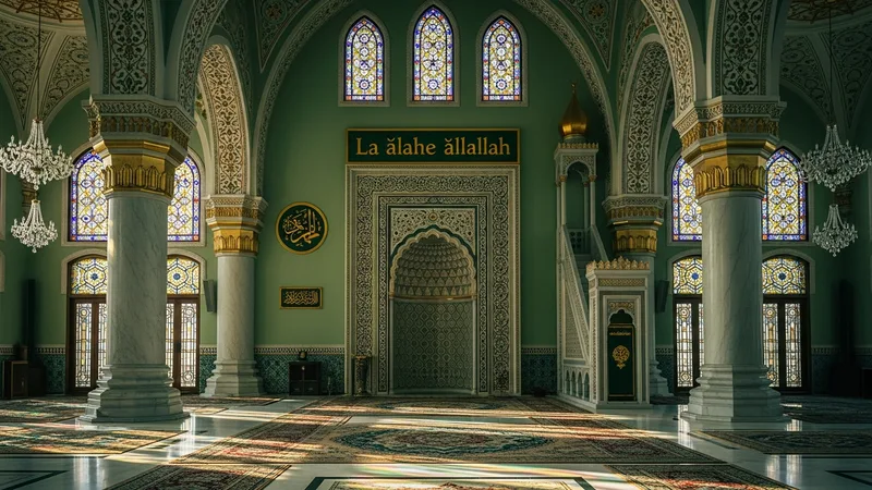 Yeşil ve altın renklerinde La İlahe İllallah hat yazısı, cami kubbesi motifi