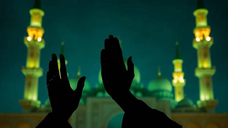 Aydınlatılmış minarelere karşı dua için açılmış eller