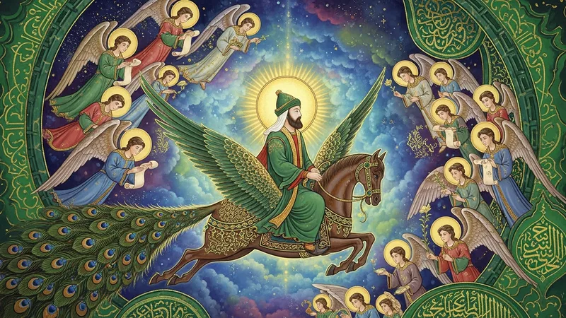 Miraç Kandili'ni temsil eden, altın ve yeşil renklerin hakim olduğu, İslam sanatıyla bezenmiş bir görsel