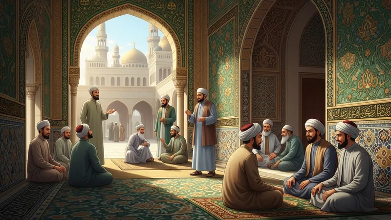 cami avlusunda sohbet eden müslümanlar islamic art style