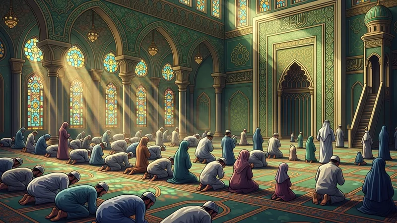 cami içinde namaz kılan cemaat islamic art style