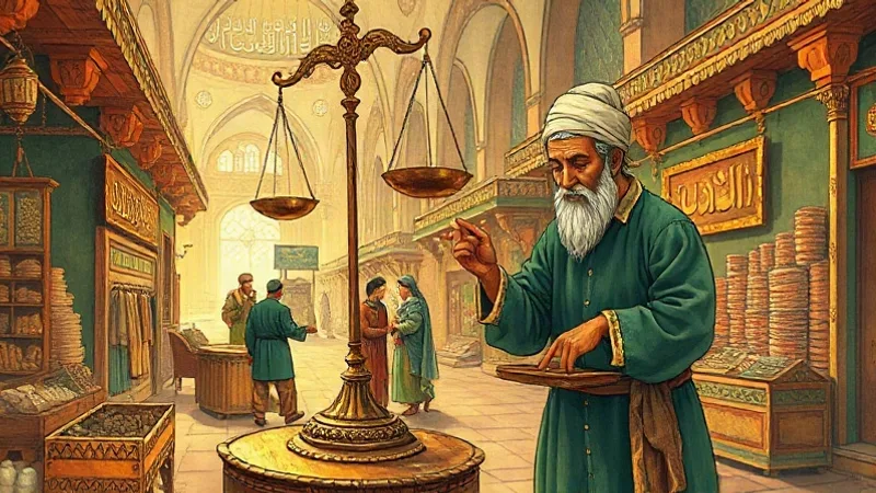 Tarihi çarşıda terazi ile adil ticaret kavramını anlatan çizim