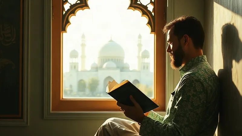 Mutaffifin Suresi fazileti ve tefekkür için pencere önünde Kur'an okuyan kişi