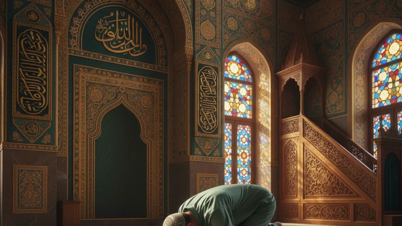 Bir müslüman huşu içinde namaz kılarken, etrafında cami motifleri ve İslam sanatıyla süslenmiş bir ortam. Yeşil ve altın tonları hakim.