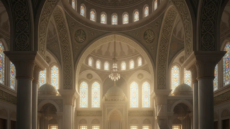 Bir caminin içinden dışarıya doğru, sabah güneşinin doğuşuyla aydınlanan bir manzara. Huzurlu ve dingin bir atmosfer. İslam mimarisi detayları.