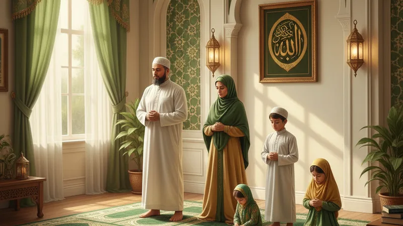 Bir müslüman ailesi, evlerinde birlikte namaz kılarken. Anne, baba ve çocuklar, huzurlu bir atmosferde ibadet ediyor. İslam'ın ailedeki önemi vurgulanıyor.