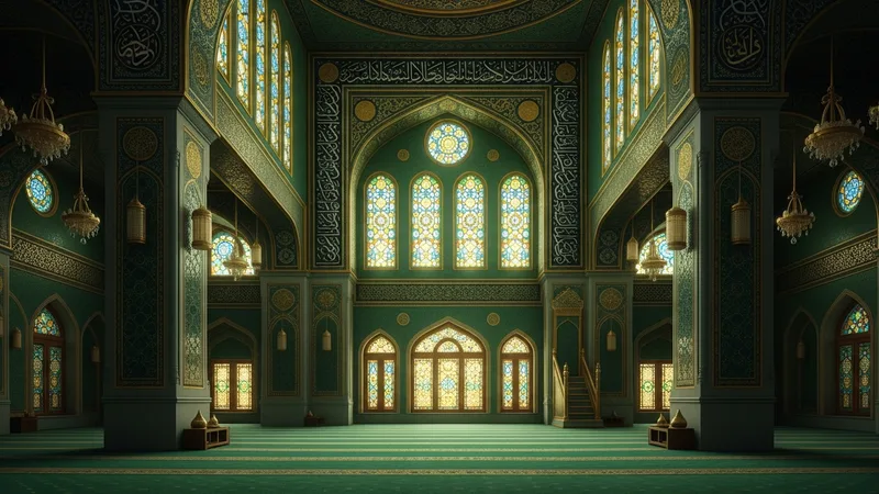 İslami sanat tarzında bir cami iç görünümü, ışık pencerelerden süzülüyor, huzur ve bağlılık hissi veriyor. Yeşil, altın ve lacivert renkler hakim.