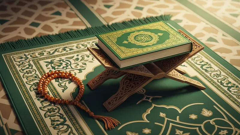 İslami sanat tarzında, bir seccade, tesbih ve küçük bir Kur'an'ı tasvir eden detaylı bir çizim. Günlük namaz ve bağlılığın araçlarını simgeliyor. Arka plan, sıcak, toprak tonlarında geometrik İslami desenlerle incelikle süslenmiş.