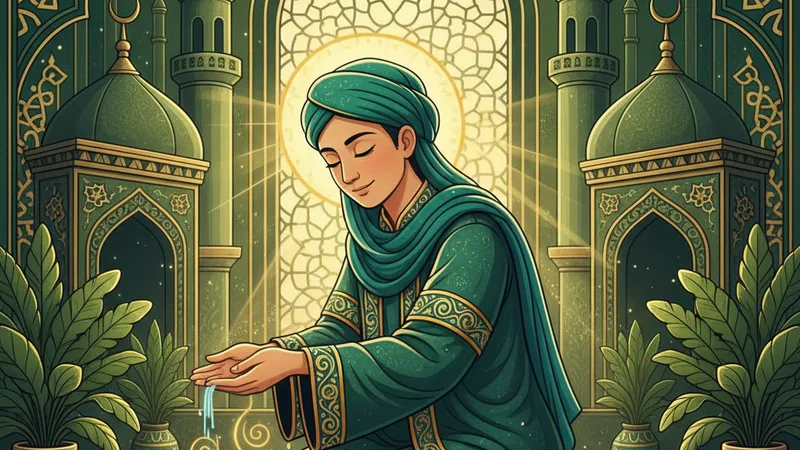Namaz için temizlik ve abdest alan bir müslümanı tasvir eden İslami sanat eseri