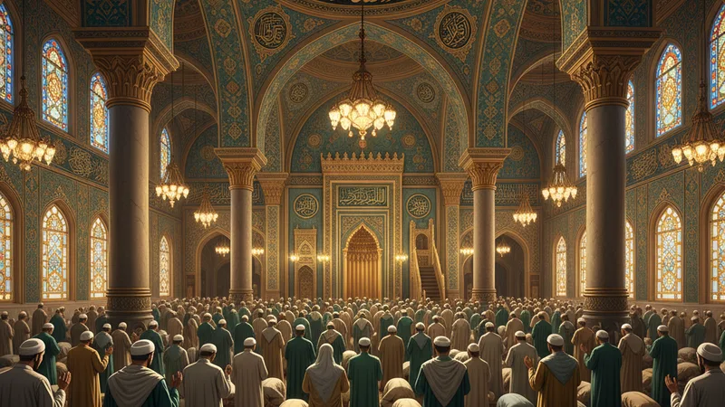 Bir caminin içinde namaz kılan müslümanların genel bir görüntüsü, İslami mimari detaylar ve huzurlu bir atmosfer