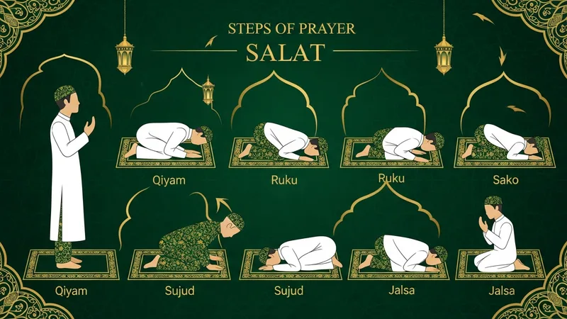 Namaz kılarken yapılan hareketlerin sırasını gösteren bir infografik