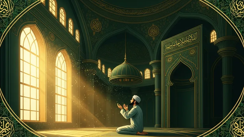 Namaz kılan bir Müslüman silüeti, cami içinde secde halinde