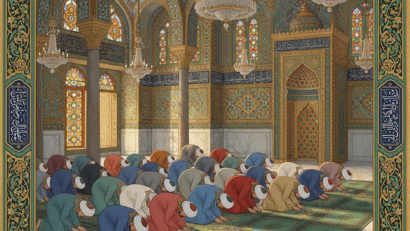 Namaz kılan bir cemaat, cami içinde rüku halinde