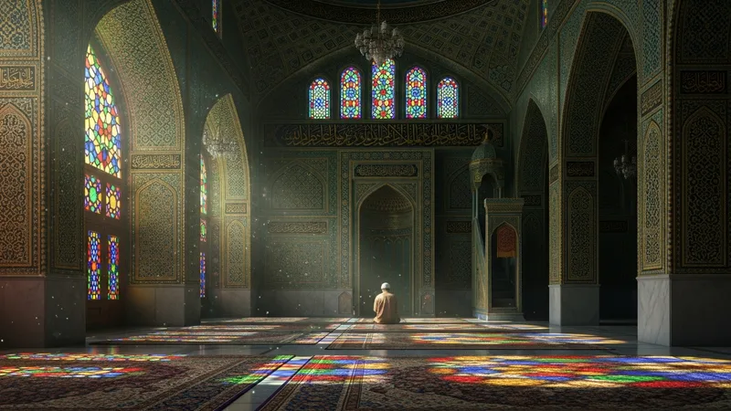 Cami içinde tesbih çeken bir kişi, ışık huzmeleriyle aydınlanmış